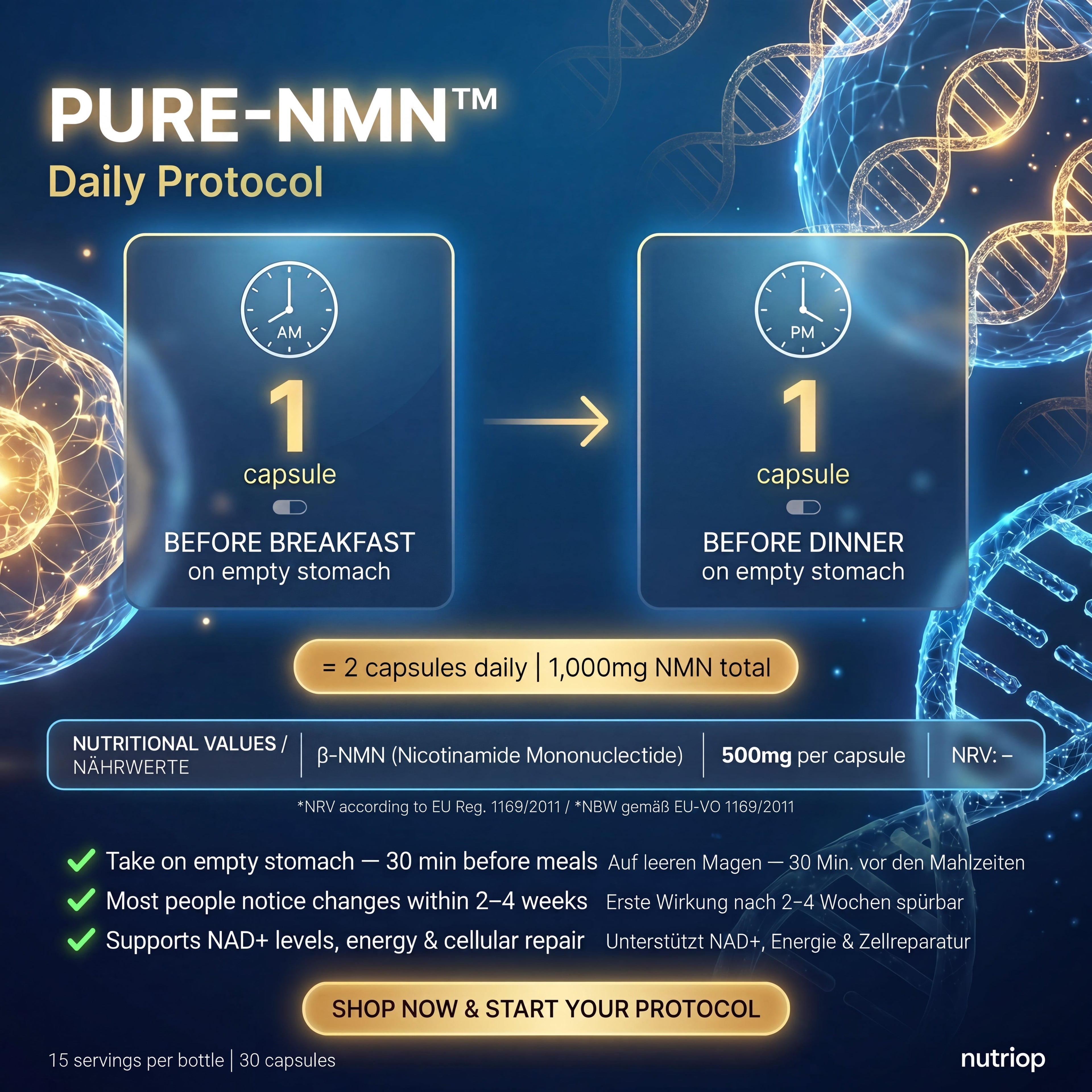 Nutriop Longevity® Pure-NMN Nicotinamide Mononucleotide Extreme Potency 500mg Capsules (x30) - 15 Grams